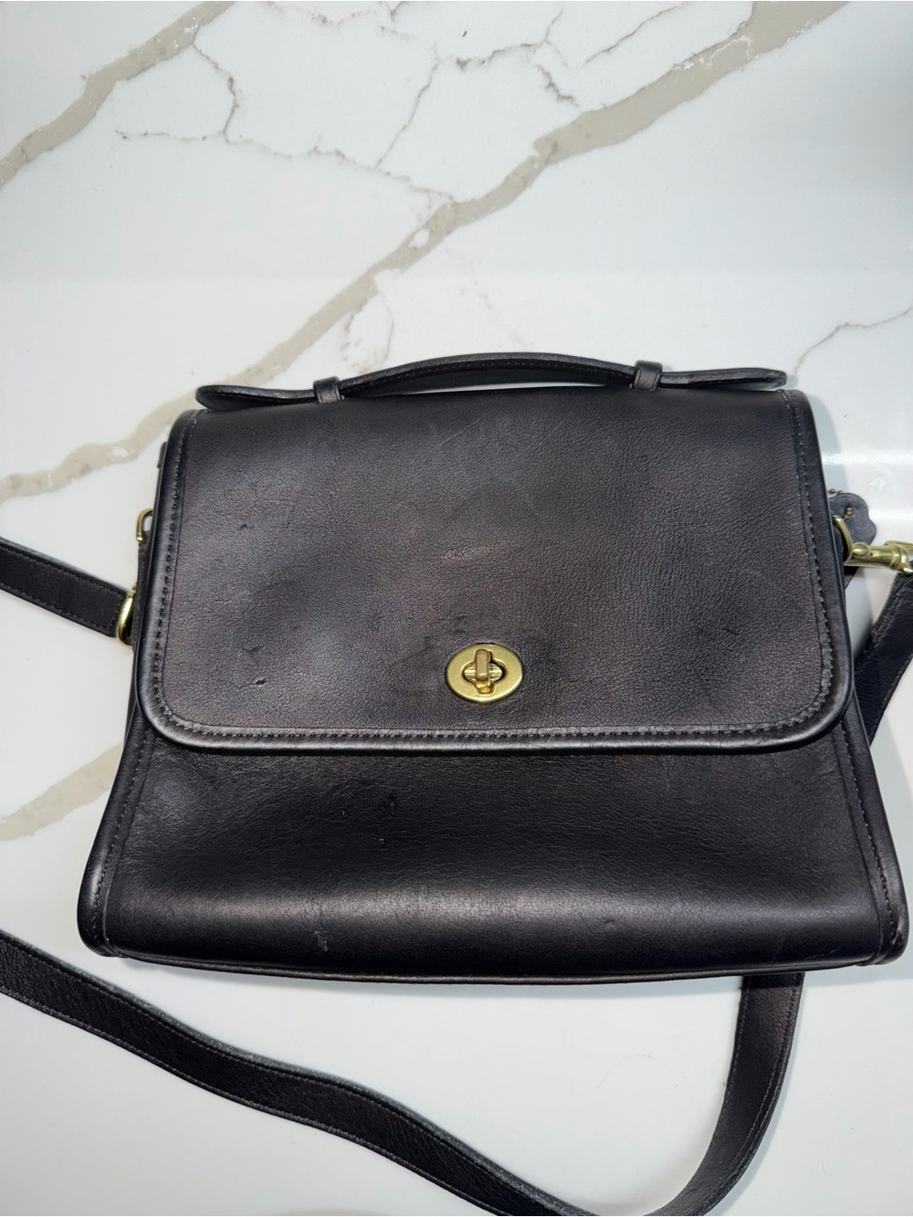 Vintage Coach Court Bag - Black Leather Top-Handle Satchel with Gold Turn-Lock - Picture 8 of 9